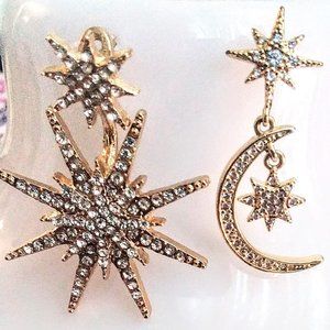 Double STAR and MOON & Star PAVE Set Crystal Pierced Earrings